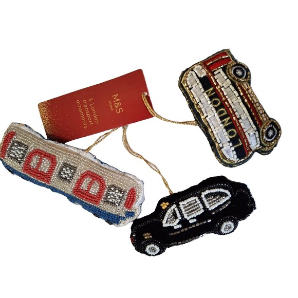 Marks & Spencer Ornament Beaded Velvet British Cab Bus Tube Christmas Lot of 3 - Picture 2 of 2